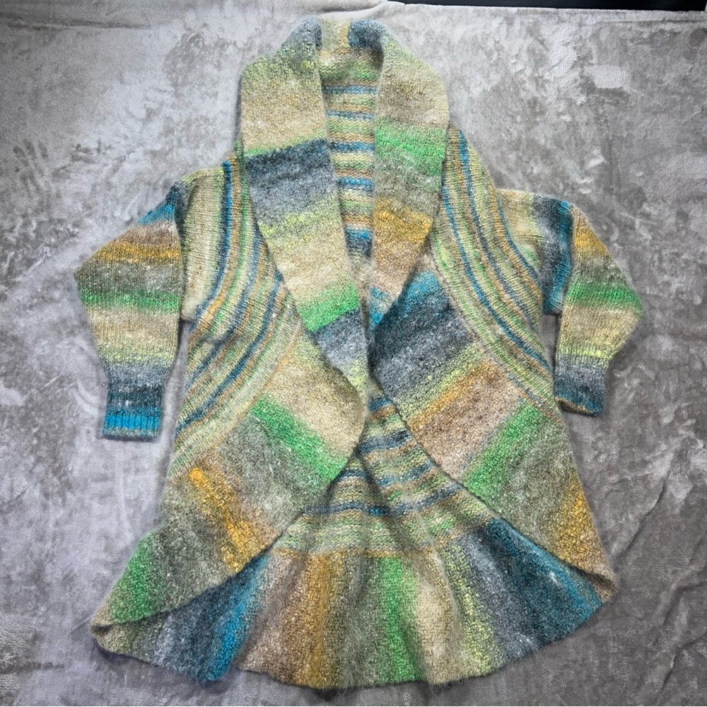 Boho chunky knit waterfall cardigan color block amber sweater coat handmade sz L